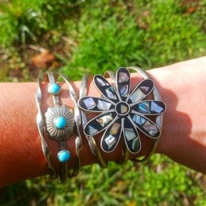 Set of Navajo Cuff Bracelets Turquoise concho and Abalone flower Sterling 925